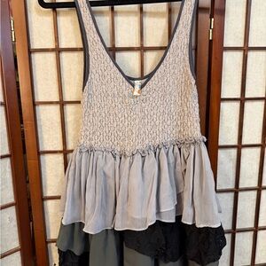FP Movement by Free People Layered Ruffle Tank Top in Light Gray and Black Trim